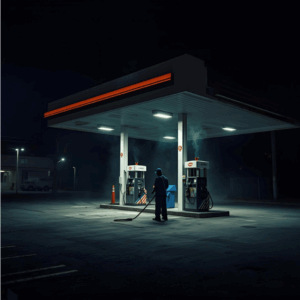 Station-service de nuit avec un technicien effectuant l’entretien et le nettoyage des pompes et des pistes.